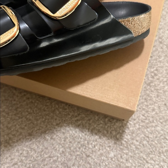 Black Big Buckle Shiny Birkenstock Sandals with Gold Buckles - Picture 4 of 5